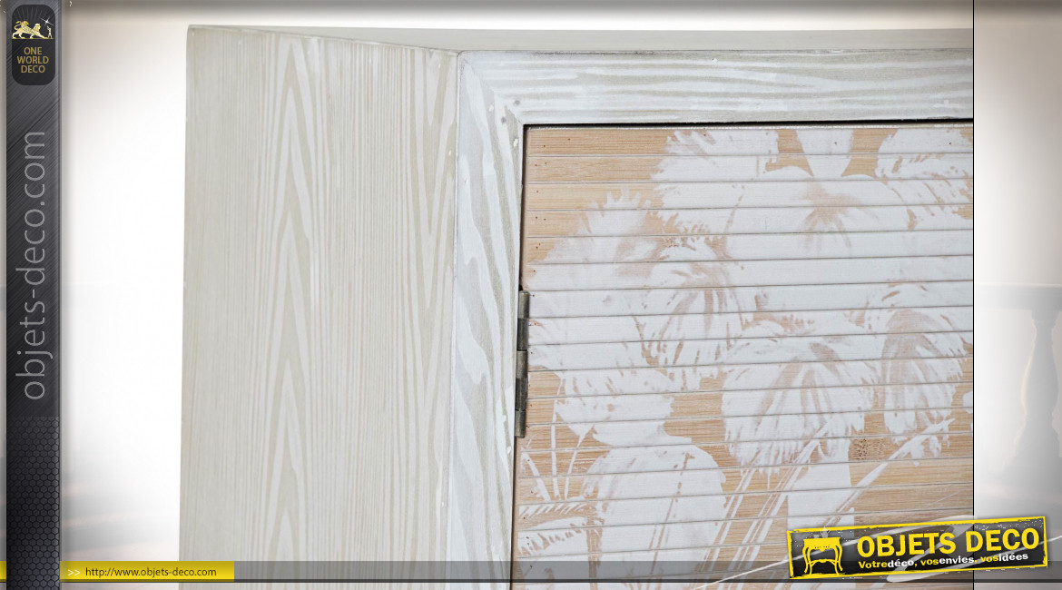 Buffet blanc en bois et bambou, façades de portes avec motifs de palmiers ambiance tropicale, 107cm