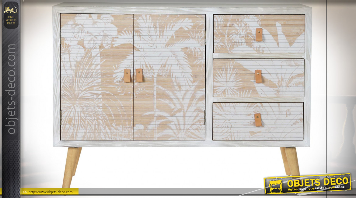 Buffet blanc en bois et bambou, façades de portes avec motifs de palmiers ambiance tropicale, 107cm