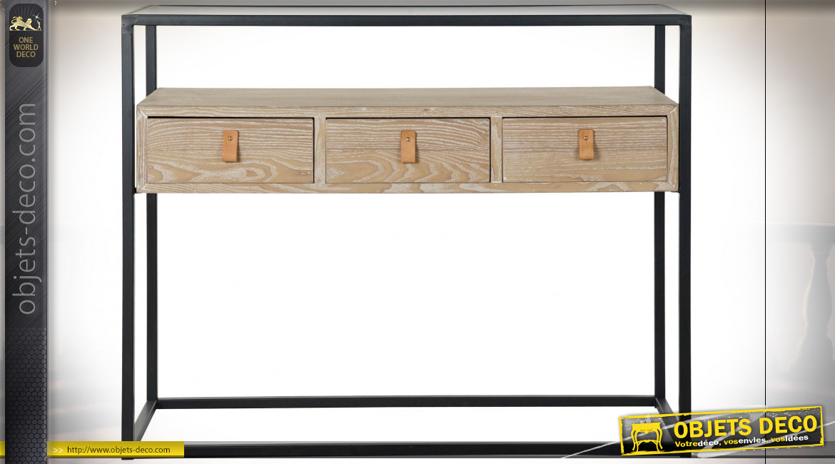Console à 3 tiroirs en bois finition chêne clair, plateau en verre ondulé transparent ambiance atelier rétro, 100cm