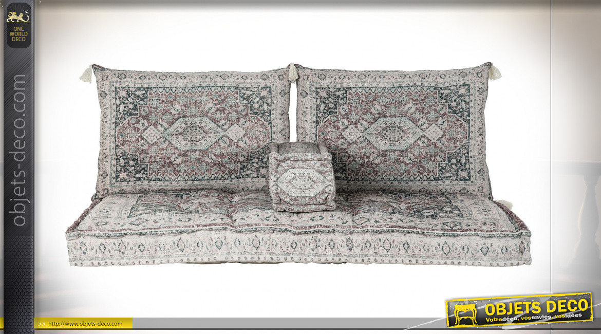 Ensemble de coussins pour canapé en coton finition vieillie ambiance orientale, 155cm