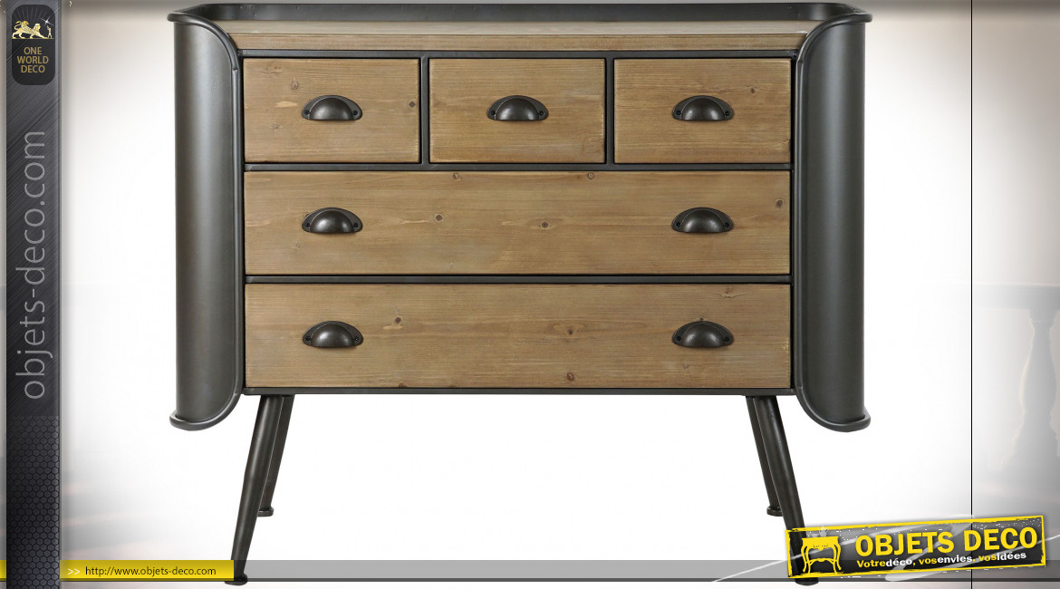 Commode à 5 tiroirs en bois finition naturelle et métal gris anthracite ambiance industrielle, 97cm