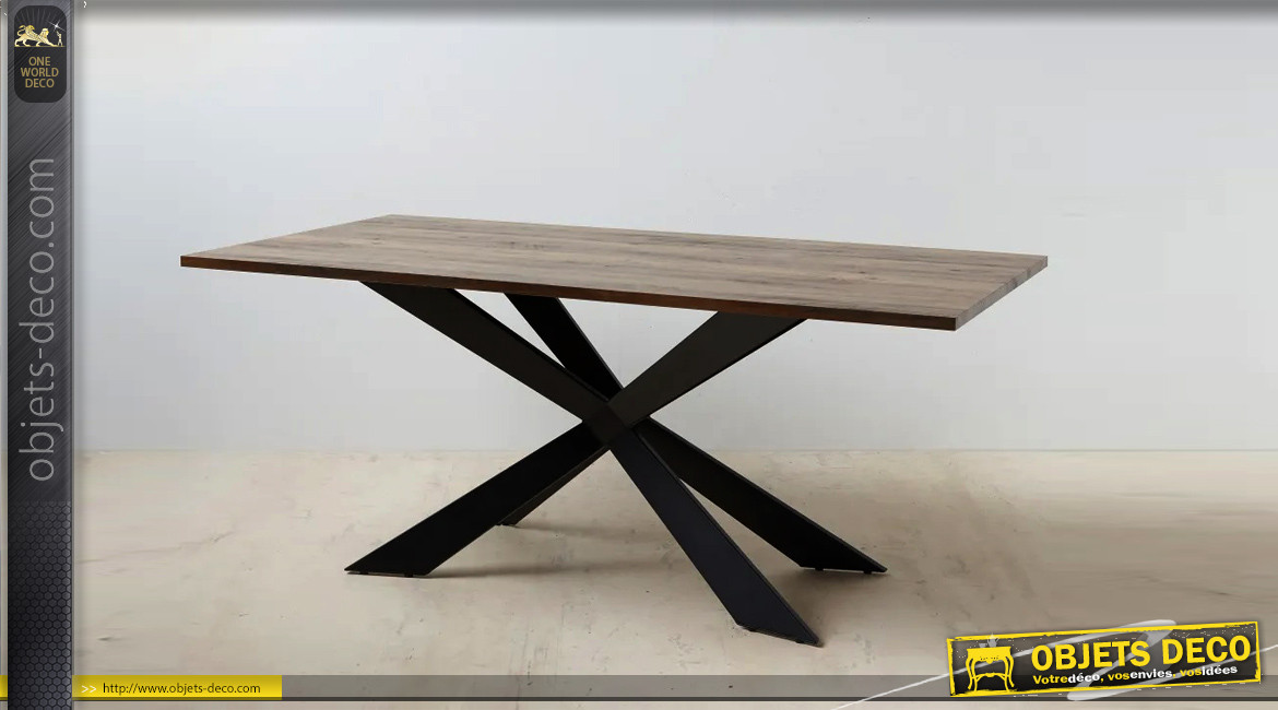 Table en bois et pied central en croix, finition naturelle et acier charbon noir, 180cm