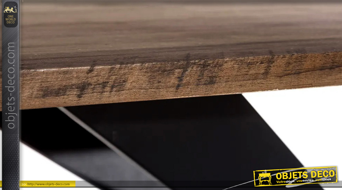 Table en bois et pied central en croix, finition naturelle et acier charbon noir, 180cm