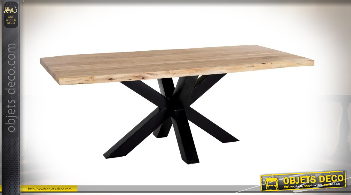 Table en acacia massif et pied central en croix, finition naturelle et acier charbon noir, 200cm