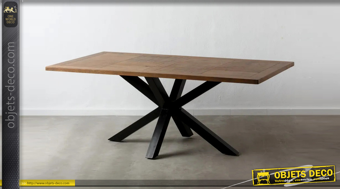 Table en manguier massif et pied central croisé, finition naturelle et acier charbon noir, 200cm