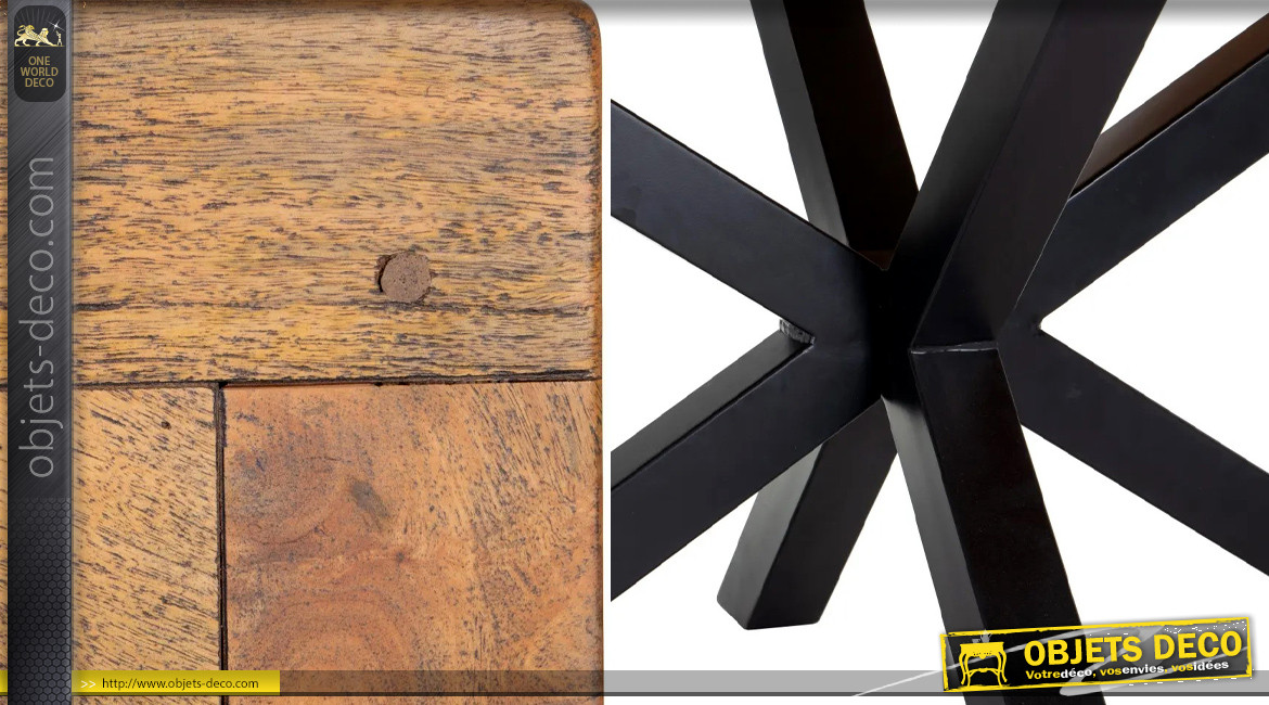 Table en manguier massif et pied central en croix, plateau effet damier finition naturelle et charbon noir, 200cm