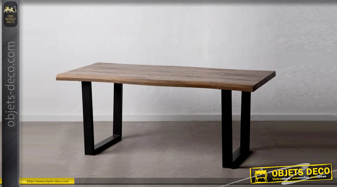Table en bois et métal, finition naturelle et charbon noir, pieds carrés, 180cm