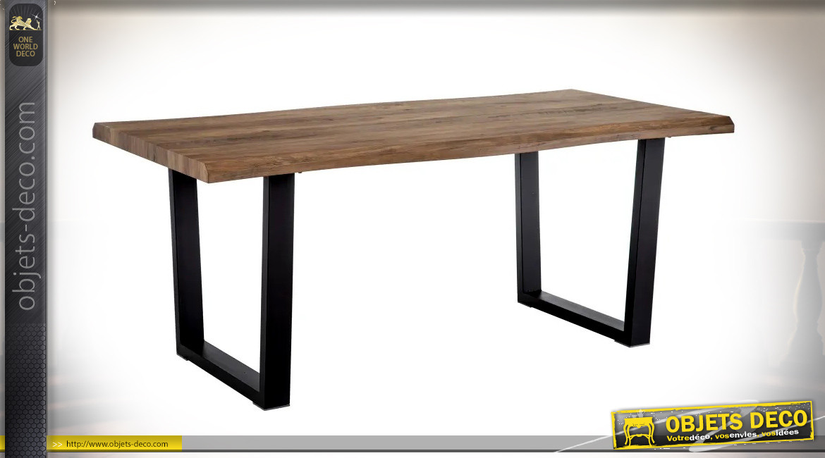 Table en bois et métal, finition naturelle et charbon noir, pieds carrés, 180cm