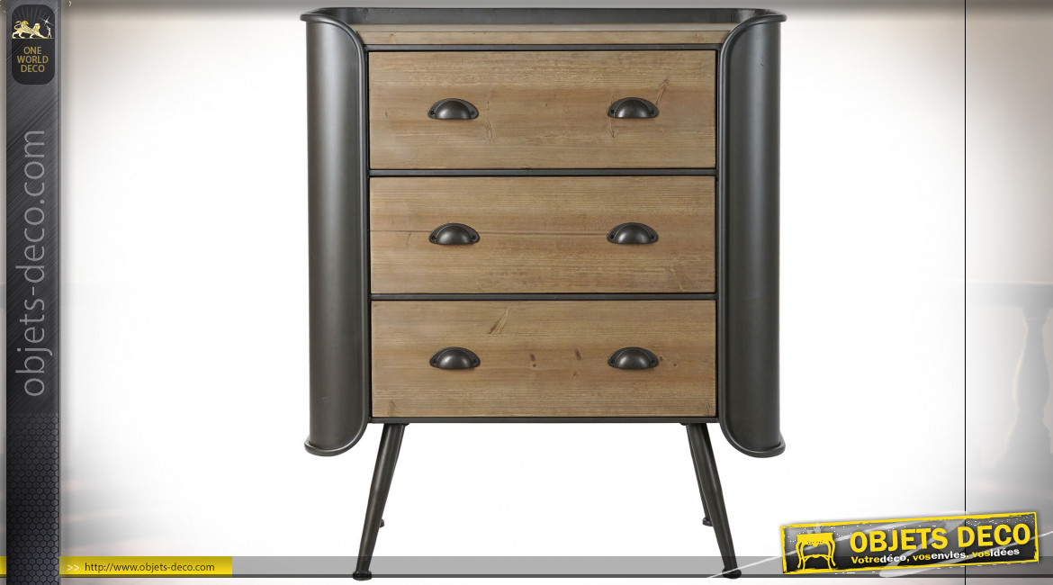 Commode à 3 tiroirs en métal gris anthracite et bois finition chêne clair de style industriel, 95.5cm