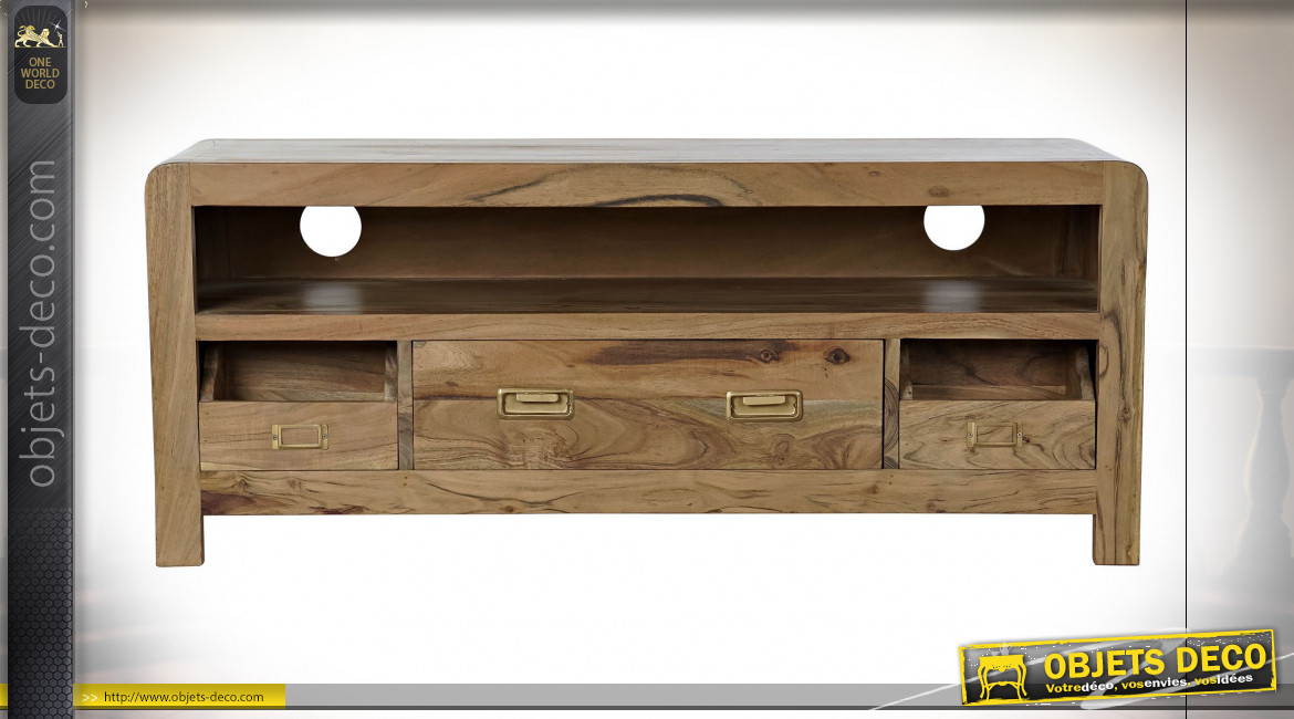 Meuble TV à 3 tiroirs en bois d'acacia finition naturelle ambiance chalet, 115cm