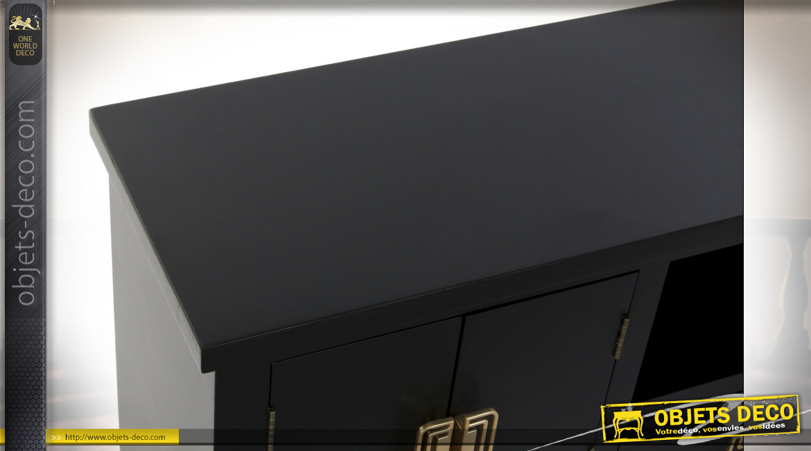 Meuble TV en bois finition noire et poignées dorées ambiance Japonaise, 120cm