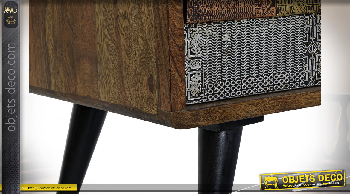 Meuble TV à 2 portes en bois d'acacia ornements en métal finition cuivrée et argentée ambiance ethnique, 148cm