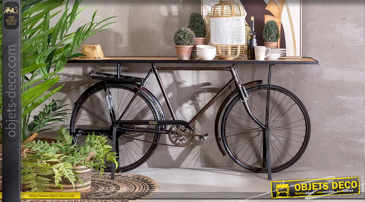 Grande console vélo ancien, plateau en manguier massif et encadrement noir charbon, 193cm