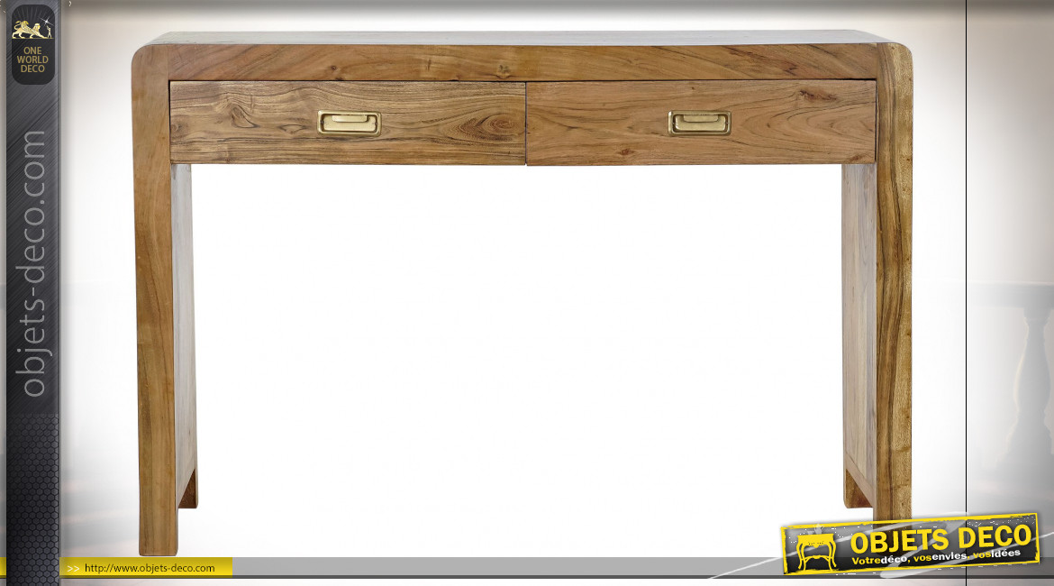Console à 2 tiroirs en bois d'acacia finition naturelle ambiance chalet, 110cm
