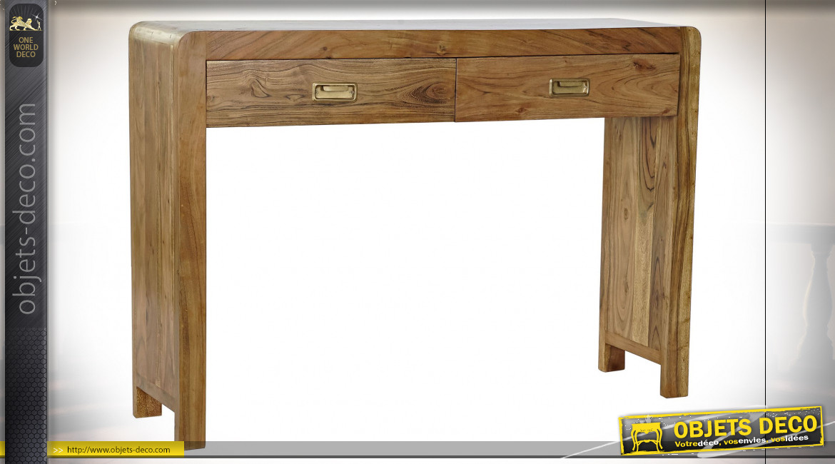 Console à 2 tiroirs en bois d'acacia finition naturelle ambiance chalet, 110cm