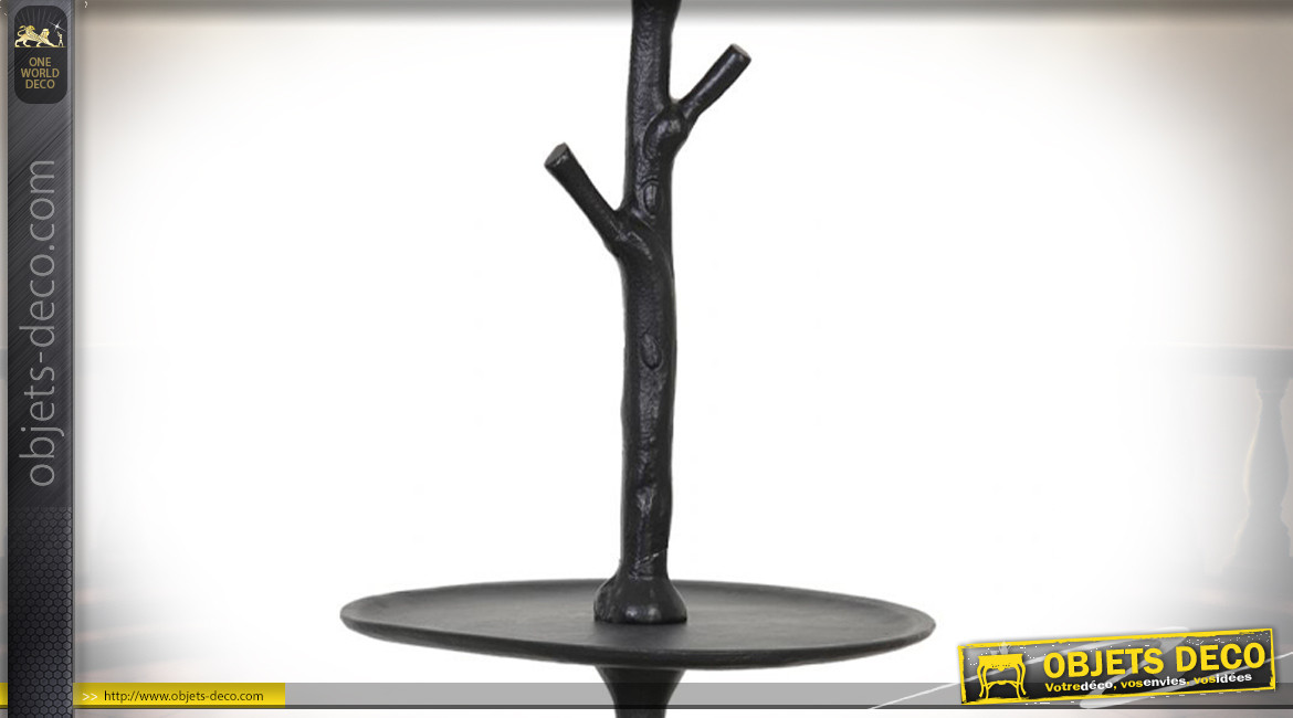 Etagère présentoir en métal à cinq plateaux finition charbon, forme conique avec effet tronc d'arbre central, 122cm