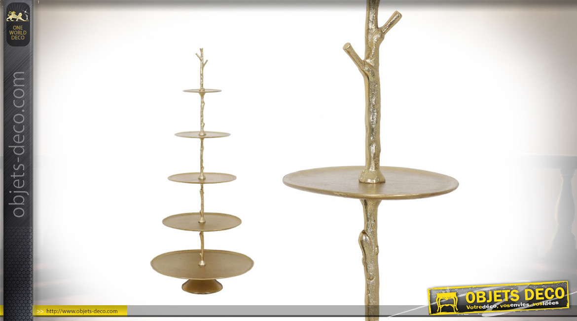 Etagère présentoir en métal doré, cinq plateaux de rangement, forme conique esprit arbre, 122cm