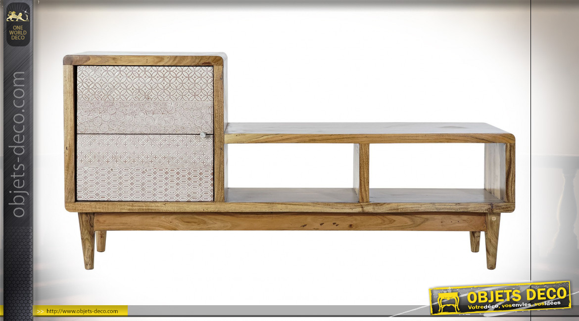 Meuble TV en bois d'acacia finition naturelle, motifs géométriques patinés blanc ambiance Boho, 125cm