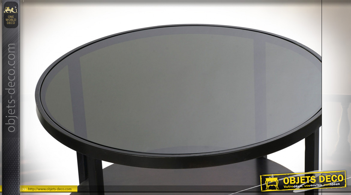 Série de 2 tables d'appoint en métal finition noire et plateaux en verre teinté ambiance atelier moderne, Ø75cm