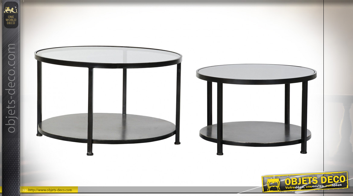 Série de 2 tables d'appoint en métal finition noire et plateaux en verre teinté ambiance atelier moderne, Ø75cm