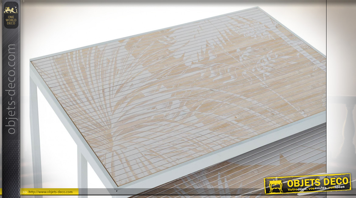 Série de 3 tables d'appoint gigognes avec motifs de palmiers finition beige et blanche de style tropical, 62cm