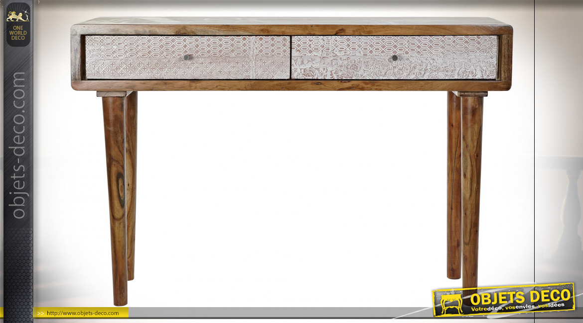 Console en bois d'acacia finition brun foncé, 2 tiroirs avec motifs de formes géométriqués patinées blanc esprit Boho, 118cm