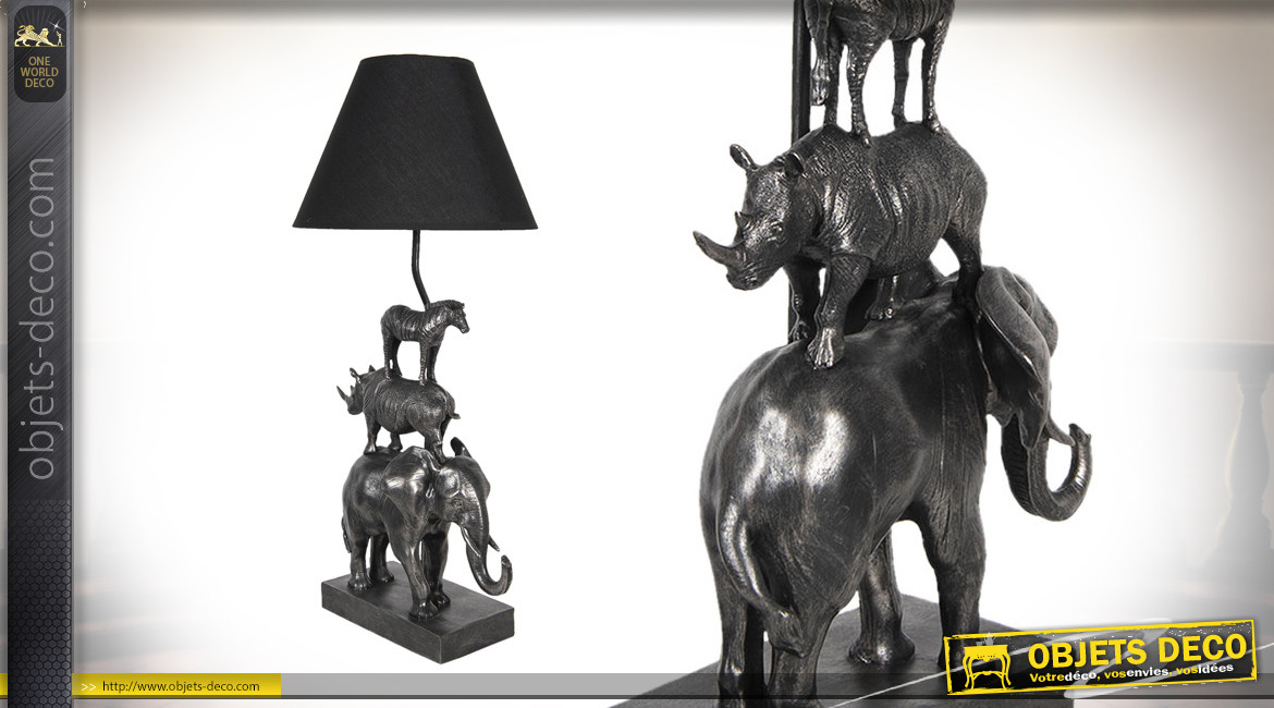 Lampe de salon avec pied en figures d'animaux sauvages, finition vieil argent, abat-jour noir, 65cm