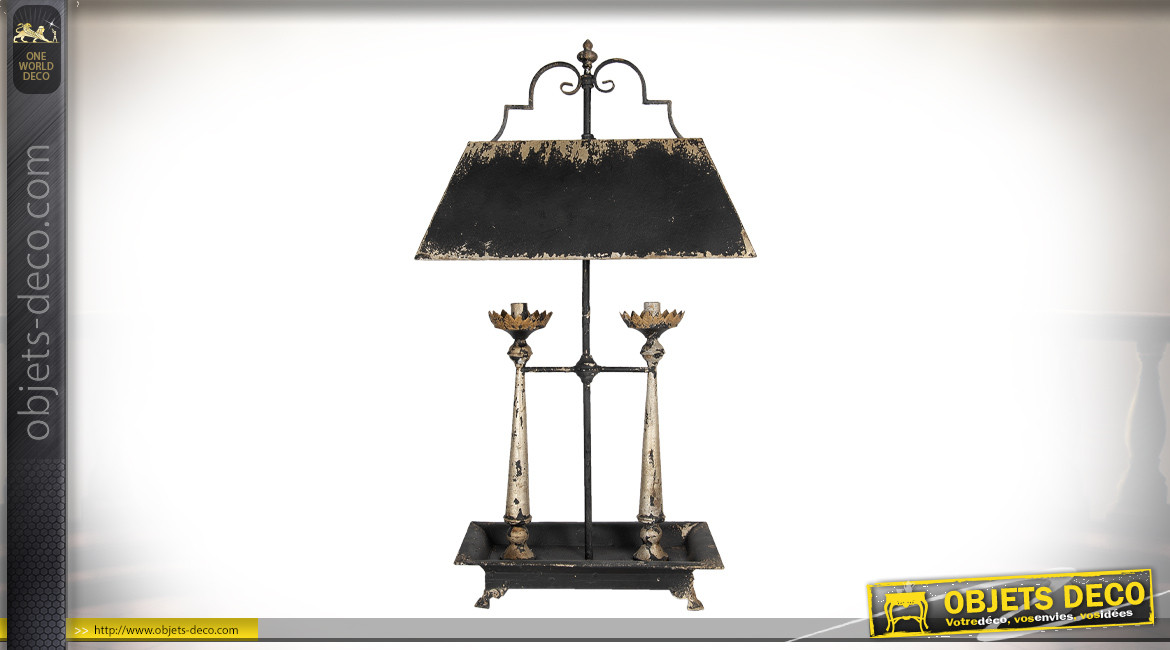 Grande lampe de salon à deux feux, forme de chandelier ancien, finition vieillie, 98cm