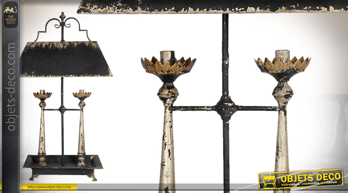 Grande lampe de salon à deux feux, forme de chandelier ancien, finition vieillie, 98cm