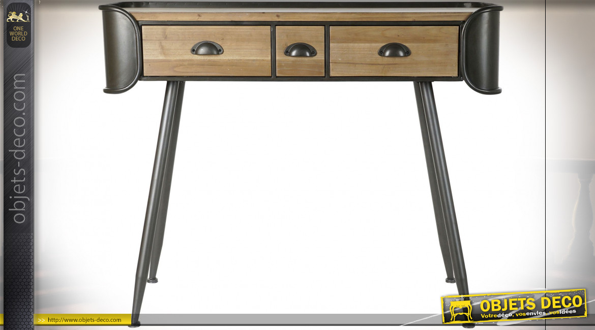Console à 3 tiroirs en bois de sapin finition naturelle et métal gris anthracite ambiance industrielle, 103cm