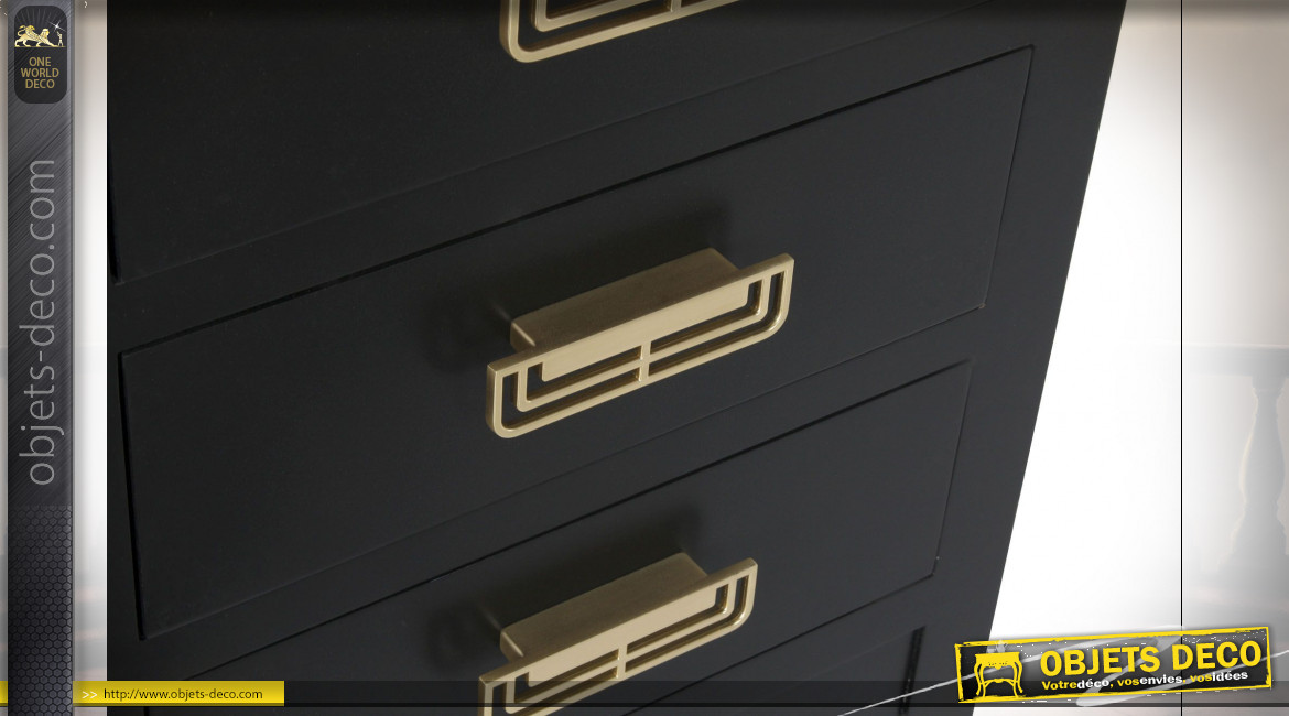 Chiffonnier à 5 tiroirs en bois finition noire et poignées dorées de style Japonais, 92cm