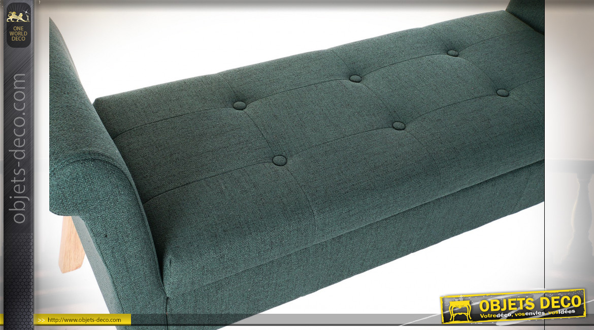 Bout de lit coffre en polyester finition vert sapin et pieds en bois courbé ambiance classique, 130cm
