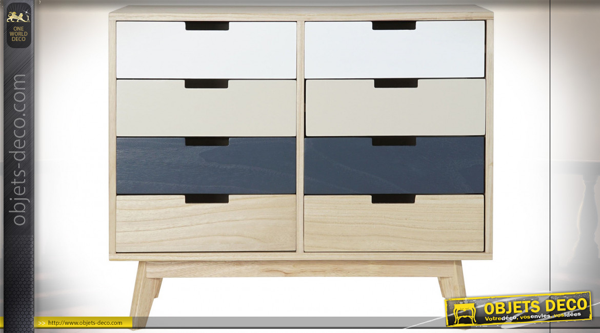 Commode à 8 tiroirs en bois finition naturelle, façades de tiroirs tricolores ambiance contemporaine, 79cm