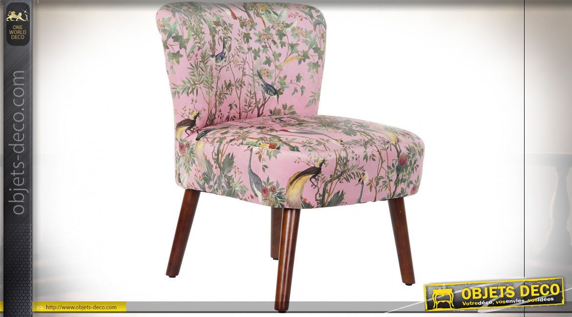 Chaise en polyester finition rose poudré esprit vieille tapisserie avec motifs floraux et d'oiseaux ambiance rétro, 77cm
