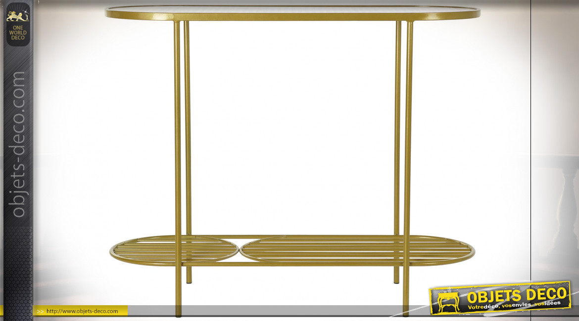 Console en métal finition dorée, plateau vitré esprit cannage de rotin ambiance rétro, 99.5cm