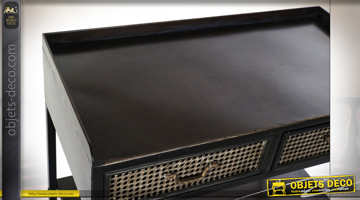 Console en métal noir, 2 tiroirs esprit cannage de rotin finition cuivrée ambiance industrielle rétro, 85cm
