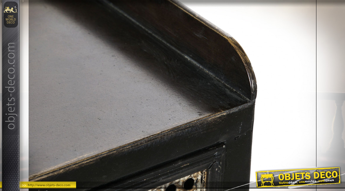 Console en métal noir, 2 tiroirs esprit cannage de rotin finition cuivrée ambiance industrielle rétro, 85cm
