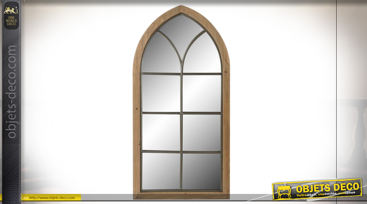 Grand miroir fenêtre de style rustique en bois finition naturelle vieillie, 135cm