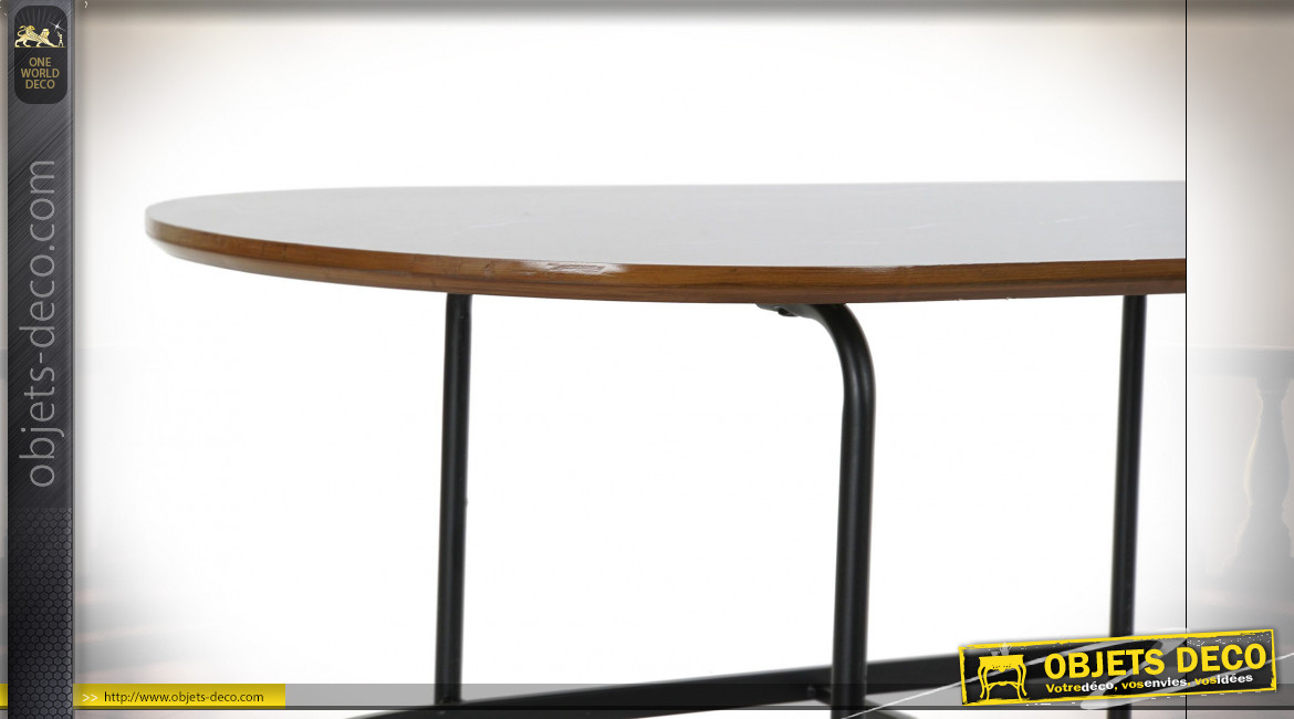 Table basse de forme ovale en métal et bois finition noire ambiance rétro, 99.5cm