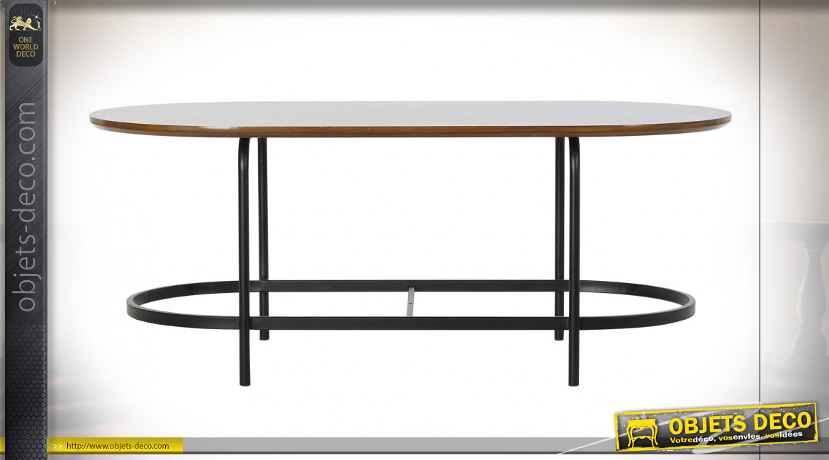 Table basse de forme ovale en métal et bois finition noire ambiance rétro, 99.5cm