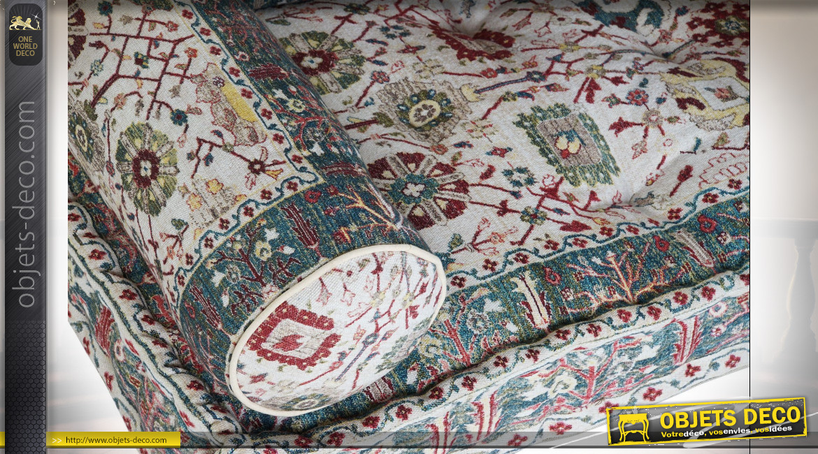 Gros coussin de sol en coton avec motifs de fleurs très colorées ambiance orientale, 90cm