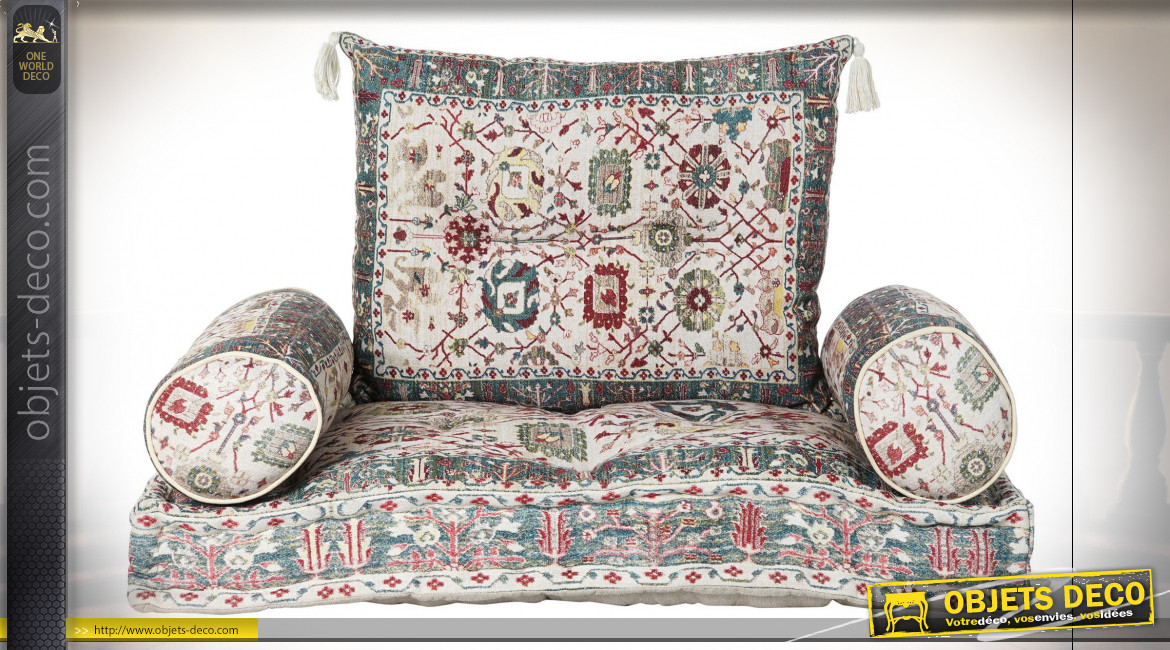 Gros coussin de sol en coton avec motifs de fleurs très colorées ambiance  orientale, 90cm