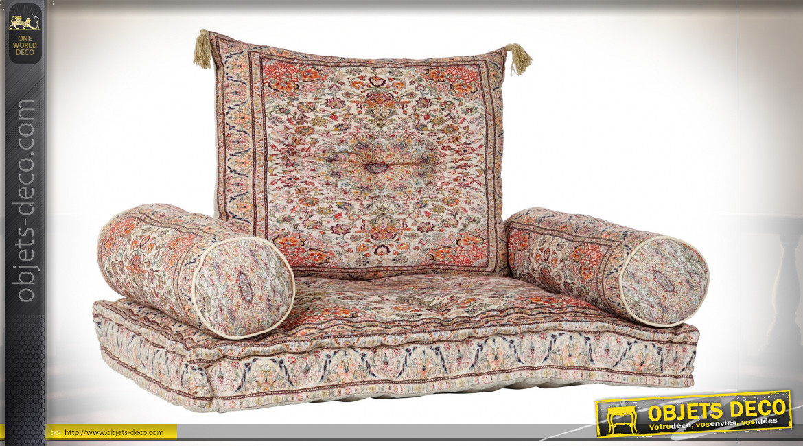 Gros coussin de sol en coton avec motifs fleuris très colorés ambiance orientale, 90cm