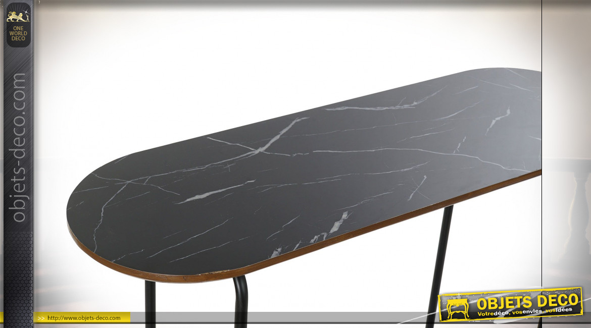 Console de forme ovale en métal finition noire, plateau inférieur en verre teinté esprit rétro, 90cm