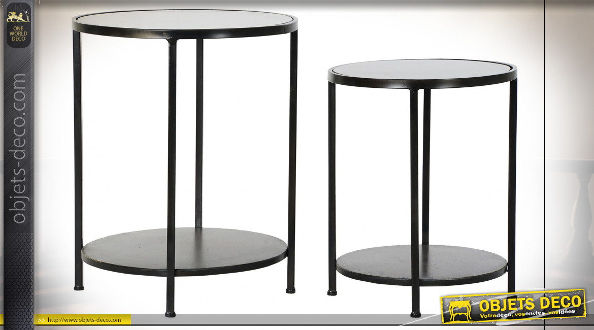 Série de 2 tables d'appoint en métal finition noire et plateaux en verre teinté, 60cm
