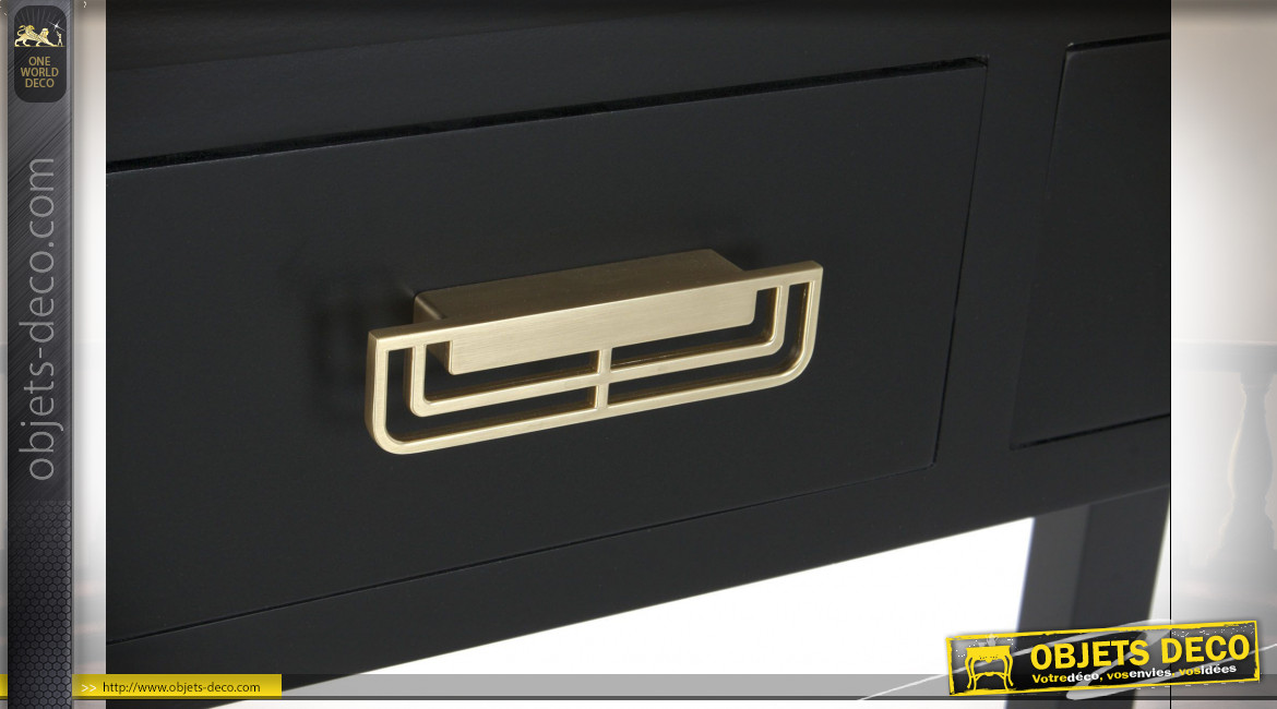 Console en bois finition noire, trois tiroirs avec poignées de portes dorée de style Japonais, 95cm