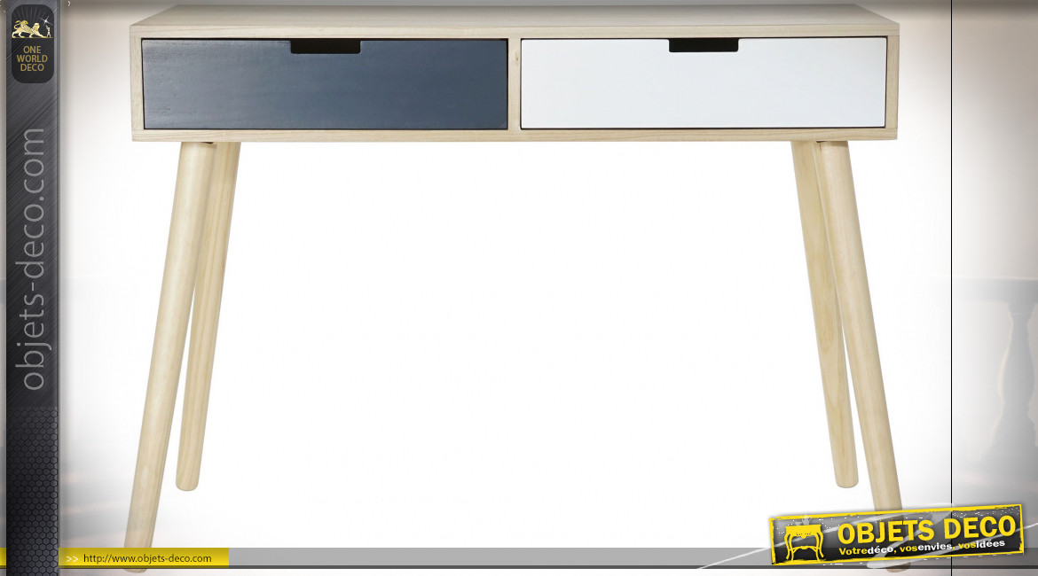 Console à 2 tiroirs en bois finition naturelle, façades de portes blanches et bleues ambiance  contemporaine, 100cm