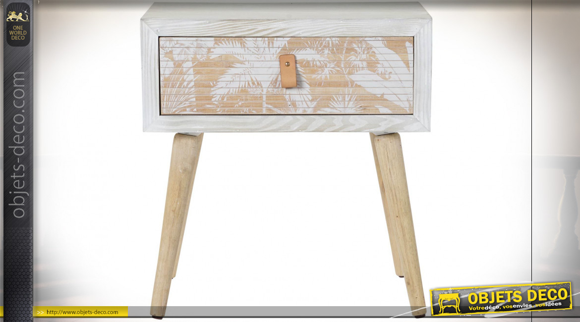 Table de chevet en bois et bambou finition blanche avec motifs de palmiers ambiance tropicale, 50.5cm