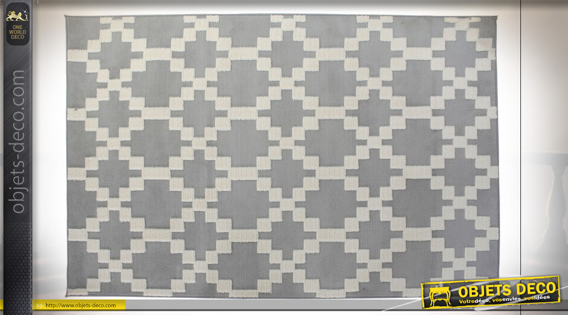 Grand tapis rectangulaire en polyester finition gris clair et blanc, motifs géométriques ambiance moderne, 290cm