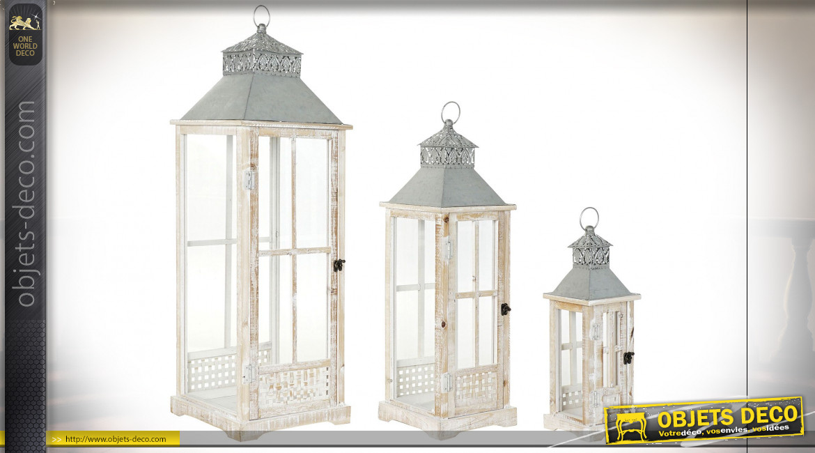 Série de 3 lanternes en bois de sapin finition naturelle blanchie ambiance campagne chic, 92cm